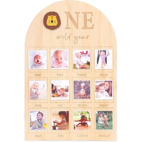 One Wild Year Photo Wood Board - Jungle Lion 1st Birthday Decorations, Newborn First Year Monthly Milestone Photos, Little Lion 1 To 12 Months Photo Display, Wild One Birthday Wooden Photo Board (Lion Photo Board)
