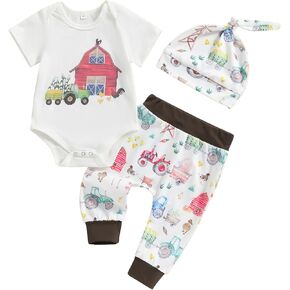 Lamuusaa Newborn Baby Boy Summer Clothes Short Sleeve Romper Farm Chicken Long Pants Hat Coming Home Outfit