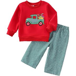 Toddler Baby Boy Girl Long Sleeve Christmas Pullover Sweatshirt Plaid Pants Two Piece Outfits Fall Winter Clothes