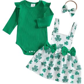 TINXIEA 3Pcs Newborn Baby Girl St Patricks Day Outfit Knitted Long Sleeve Romper T-Shirt Suspender Dress Skirt Set