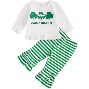 Baby Girl St.Patrick Day Outfit Toddler Sweatshirt Shamrock Shirt Stiped Flared Pant Set Infant Spring Clothes