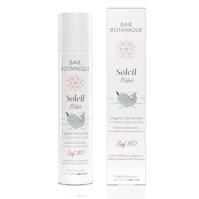 Baie Botanique Soleil Bébé - Organic Non-Toxic Mineral Baby Sunscreen SPF 50 - Sunflower & Jojoba - Unscented - Natural - Vegan - No White Cast - Reef Safe - UVA/UVB - 110g