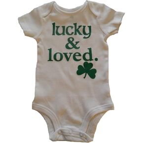 Custom Kingdom Baby Boys/Girls Lucky and Loved Irish Shamrock One-Piece Romper Bodysuit White