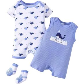 Baby Boy Cotton Romper Short Sleeve One Piece Jumpsuits with Socks, Set of 3