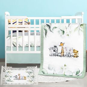 3 PCS Baby Crib Bedding Set Baby Safari Animals Crib Crib Set ألوان مائية Eucalyptus jungle الحيوانات تشمل اللحاف ، ورقة سرير مجهزة ، تنورة سرير للطفل بوي فتاة (Safari)