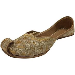 Gold Zari Punjabi Jutti for Women's Soft Flat Ethnic Handmade Girls Juti Traditional Jooti Wedding Indian Shoes