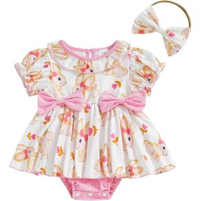 Infant Baby Girl Easter Outfit Short Sleeve Bunny Romper Dress + Headband Newborn Baby Girl Rabbit Clothes