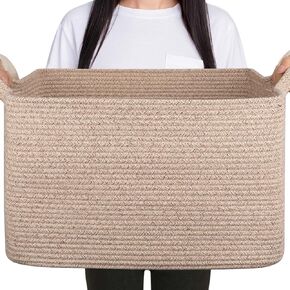 65L Blanket Basket for Living Room, Storage Basket for Organizing, Toy Basket for Nursery, Woven Cotton Rope Basket for Towels, Pillows, Clothes, 20" x 16" x 12", Brown