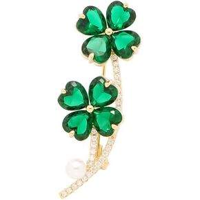 Rhinestone Clover Leaf Brooch Pin, Green Four Leaf Clover Pin Shamrock Lapel Pin, Gold Plated Vintage Crystal Flower Brooches