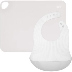 Olababy Fold N Go Silicone Placemat w Travel Case (Pearl) + Olababy Fold N Go Silicone Baby Bib w Travel Case (Pearl)