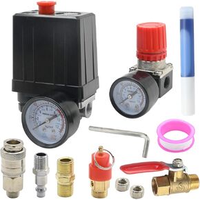 Air Compressor Pressure Switch Control Valve, 0-180PSI Pressure Regulator with Gauge Connector Kit for Industrial Commercial Residential Environments (American Pattern)