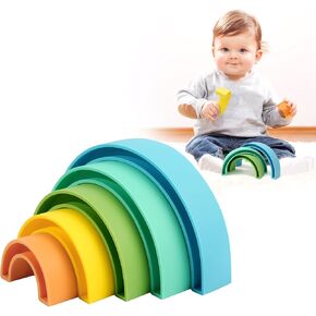 MCGMITT Rainbow Stacking Toy, Silicone Rainbow Stacker for Toddlers, Montessori Nesting Puzzle Blocks, Building Creative Color Shape Matching Toy Set, Early Development Gift for Kids Boy Girl (Pink)