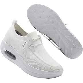 White Women's Slip-on Walking Shoes Mesh Breathe Air Cushion Arch Support Sock Sneakers for Women Ladys Girls Fashion Platform Lightweight Loafers Non-Slip Nursing Work Running Shoes Size11