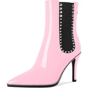 SAMMITOP Women's Pointed Toe Ankle Boots Stiletto High Heel Chelsea Boots Fashion Silver Beaded Rivets Dress Short Booties Shoes with Back Zipper 4 Inch