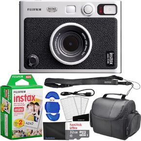 Fujifilm Instax Mini EVO Hybrid Instant Camera Black Bundle with 20 Instax Mini Instant Film Sheets, 32GB Memory Card, USB Memory Card Reader, Case, Microfiber Cloth + Screen Protector