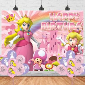 Peach of Princess Birthday Party Backdrop, Daisy and Rosalina Decoration, Themed Happy Banner Shoot Photo Backgrounds Props for Boys Girls 5x3ft