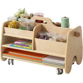 Wooden Storage Organizer Cart for Kids Double-Sided Rolling Utility Cart with Wheels Movable Birch Art Supply Organizer Kids Montessori Furniture for Nursery Kids Room Playroom Natural
