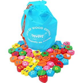 TOWO Wooden Alphabet Number Blocks – Letters ABC Threading Beads Sorting Toy 46 Pieces - Lacing Puzzle- Educational Color Matching Toys for 3 Years Old Fine Motor STEM Montessori Learning