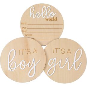 3PCS Newborn Announcement Sign, 5.9in Its a Boy Its a Girl Hello World Wooden Sign Round Gender Reveal Welcome Sign Nursery Birth Baby Name Plaques for Hospital Boys Girls Photo Props Keepsakes