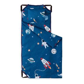 Wake In Cloud - Cot Nap Mat with Pillow and Blanket, for Toddler Kids Boys Girls in Daycare Kindergarten Preschool Pre K with Elastic Corner Straps, Spaces Stars Planet Galaxy, Navy Blue