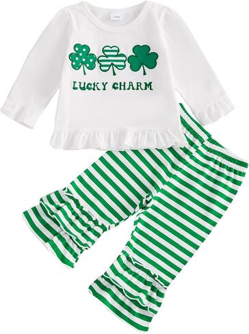 Baby Girl St.Patrick Day Outfit Toddler Sweatshirt Shamrock Shirt Stiped Flared Pant Set Infant Spring Clothes in Saudi Arabia