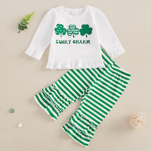Baby Girl St.Patrick Day Outfit Toddler Sweatshirt Shamrock Shirt Stiped Flared Pant Set Infant Spring Clothes in Saudi Arabia