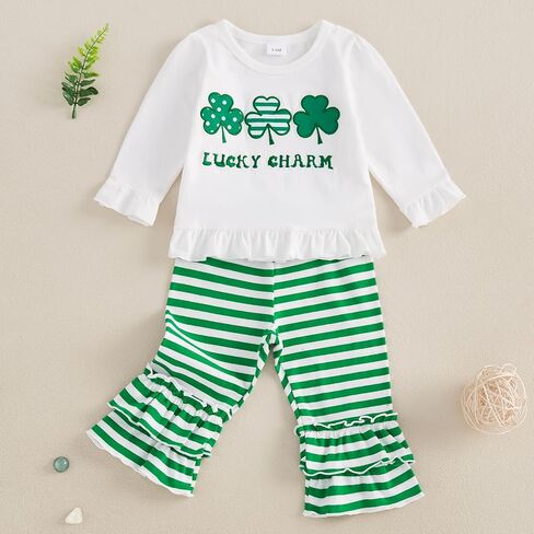 Baby Girl St.Patrick Day Outfit Toddler Sweatshirt Shamrock Shirt Stiped Flared Pant Set Infant Spring Clothes in Saudi Arabia