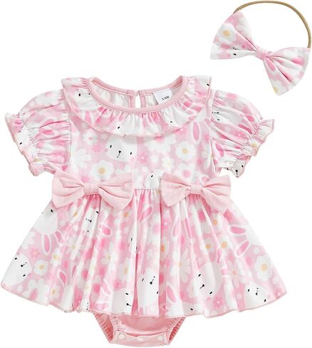 Infant Baby Girl Easter Outfit Short Sleeve Bunny Romper Dress + Headband Newborn Baby Girl Rabbit Clothes in Saudi Arabia
