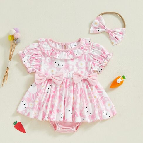 Infant Baby Girl Easter Outfit Short Sleeve Bunny Romper Dress + Headband Newborn Baby Girl Rabbit Clothes in Saudi Arabia