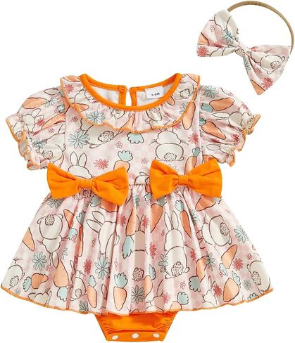 Infant Baby Girl Easter Outfit Short Sleeve Bunny Romper Dress + Headband Newborn Baby Girl Rabbit Clothes in Saudi Arabia