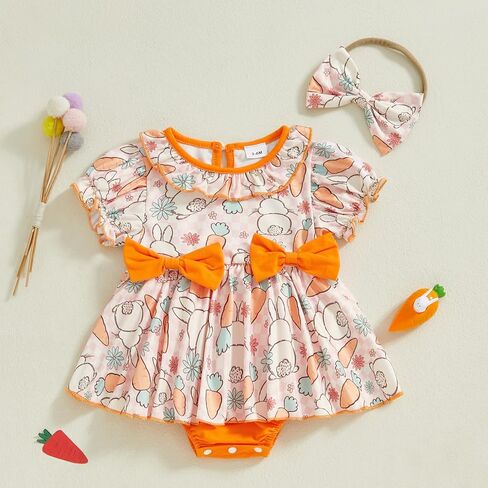Infant Baby Girl Easter Outfit Short Sleeve Bunny Romper Dress + Headband Newborn Baby Girl Rabbit Clothes in Saudi Arabia