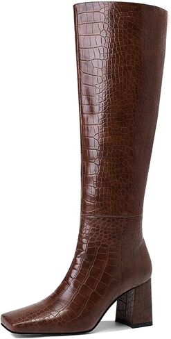 GOSERCE Women's Knee High Boots Chunky Heel Square Toe High Heel Tall Long GoGo Boots Faux Crocodile Boots Block Heel Riding Boot for Women in Saudi Arabia