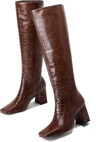 GOSERCE Women's Knee High Boots Chunky Heel Square Toe High Heel Tall Long GoGo Boots Faux Crocodile Boots Block Heel Riding Boot for Women in Saudi Arabia