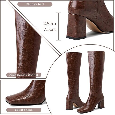 GOSERCE Women's Knee High Boots Chunky Heel Square Toe High Heel Tall Long GoGo Boots Faux Crocodile Boots Block Heel Riding Boot for Women in Saudi Arabia