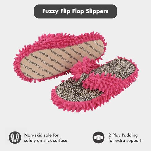 Snoozies Fuzzy Flip Flop Slippers for Women Indoor, Washable Fluffy Thong Slippers for Spa Day, Comfortable Open Toe House Slippers with Printed Footbed and Non-Skid Sole, Spa Gifts in Kuwait