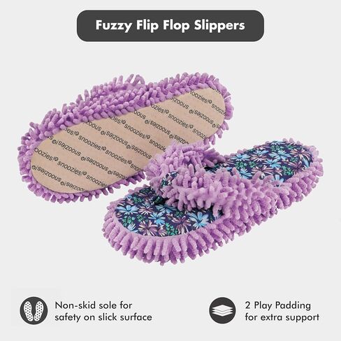 Snoozies Fuzzy Flip Flop Slippers for Women Indoor, Washable Fluffy Thong Slippers for Spa Day, Comfortable Open Toe House Slippers with Printed Footbed and Non-Skid Sole, Spa Gifts in Kuwait