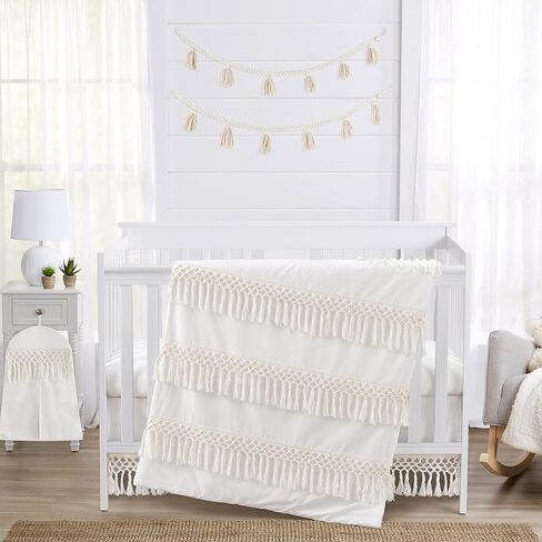 Sweet Jojo Designs Ivory Gender Neutral Bohemian Boho Baby Girl Boy Nursery Crib Bedding Set Solid Color Beige Cream Off White Chic Unisex Farmhouse Minimalist Macrame Trim Tassel Fringe Cotton - 4pc in Saudi Arabia