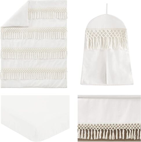Sweet Jojo Designs Ivory Gender Neutral Bohemian Boho Baby Girl Boy Nursery Crib Bedding Set Solid Color Beige Cream Off White Chic Unisex Farmhouse Minimalist Macrame Trim Tassel Fringe Cotton - 4pc in Saudi Arabia