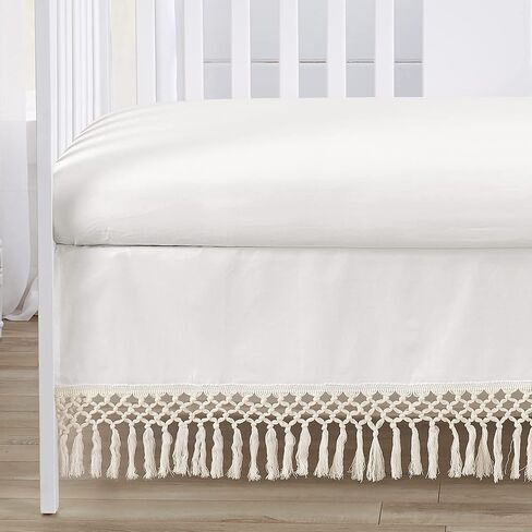 Sweet Jojo Designs Ivory Gender Neutral Bohemian Boho Baby Girl Boy Nursery Crib Bedding Set Solid Color Beige Cream Off White Chic Unisex Farmhouse Minimalist Macrame Trim Tassel Fringe Cotton - 4pc in Saudi Arabia