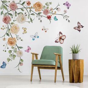 Runtoo Hanging Flower Vine Wall Art Stickers Peony Floral Butterfly Wall Decals for Girls Bedroom Living Room TV Background Home Decor