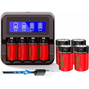 123A Rechargeable Batteries, Yofraro 4-Pack 800mAh Rechargeable Batteries and CR123A Charger for Arlo VMS3130 VMC3030 VMK3200 VMS3330 3430 3530 Cameras, Flashlight