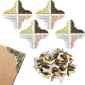 112 Pcs Metal Book Corners Protector, Iron Vintage Antique Album Paperback Scrapbook Corners Edge Protect Triangle Decorative Trim for Scrapbook Photo Album Menus Diary Folder Cover Corner (4 Color)