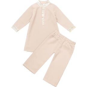 IDOPIP Muslim Baby Boys Outfits Embroidered Ramadan Eid Thobe Robe with Pants Long Sleeve Arabic Islamic Kaftan Abaya Clothes