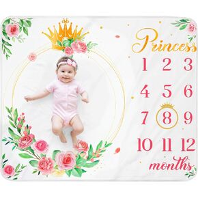 Princess Baby Girl Monthly Milestone Blanket 50" X 40" Floral Newborn Photo Background Blanket with Wreath 1 to 12 Months Track Age and Growth Chart Flannel Milestone Blanket New Baby Gifts