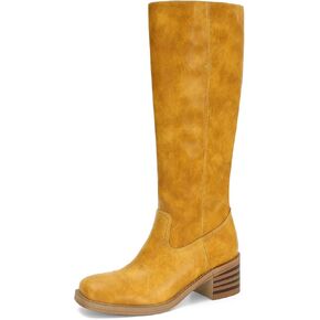 DOEYG Banana Knee High Boots for Women Square Toe Riding Boots Chunky Block Heel Tall Boots Pull on Wide Calf Comfortable Motorcycle Biker Boots Yellow Size 9