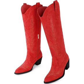 Knee High Cowgirl Boots Women Wide Calf Pointed Toe Embroidered Boots With Side Half Zip Rhinestones Boots For Lady Cowboy Boots Size 7-10