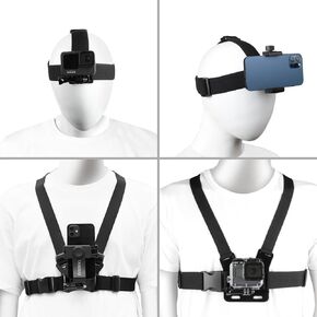 Chest Mount Strap Harness Head Strap Mount, Quick Release Chesty Body Mount with Phone Clip, Head Strap+Chest Strap Compatible with iPhone, GoPro and Other Action Camera/Smartphones