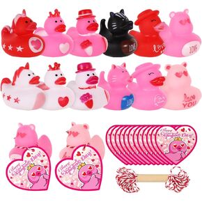 12pcs Happy Valentine's Day Rubber Ducks with Greeting Cards, Pink Mini Rubber Ducky Assorted Ducks Red BathToys Valentine Party Favors for Kids Classroom Exchange Gift for Students