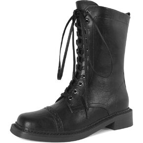 SAMMITOP Women's Ankle Bootie Lace up Mid Calf Combat Boots Chunky Low Heel Square Toe Zipper Boots Fashion Dress Shoes 1.4 Inch