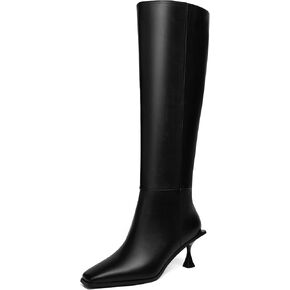 Vertundy Womens Hitten Heel Boots Square Toe Low -keel Leather Knee High Boots in Kuwait